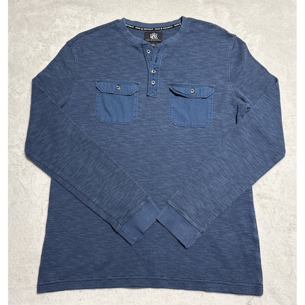 Rock & Republic Henley Waffle Knit Shirt Men's Large Blue Long Sleeve Pockets